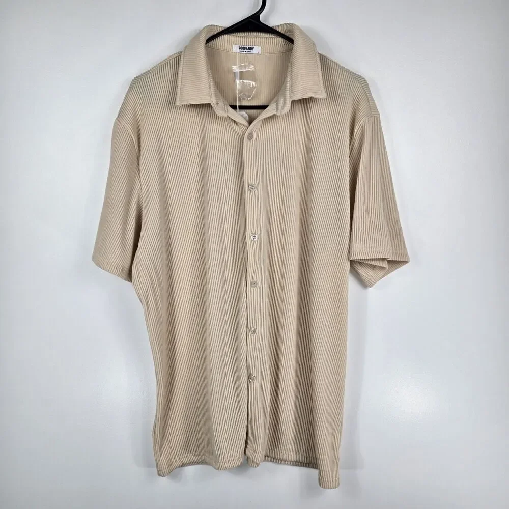 Coofandy Men's Size Large Beige Shirt & Pants‎ Set Ribbed 2 Pieces NWT